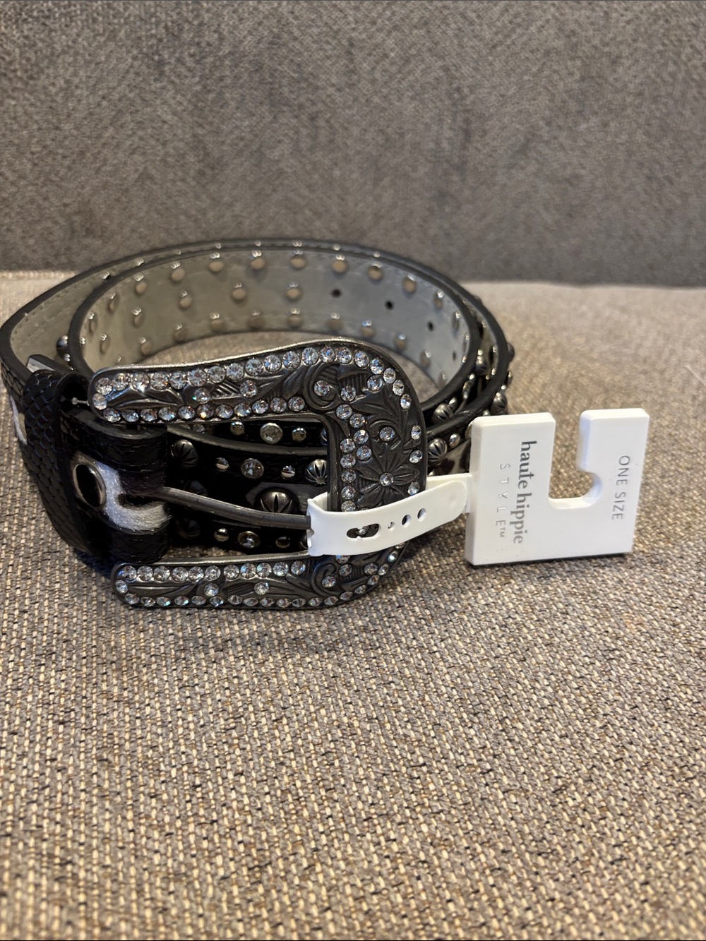 Haute Hippie Black Leather Crystal-Embellished Western Belt